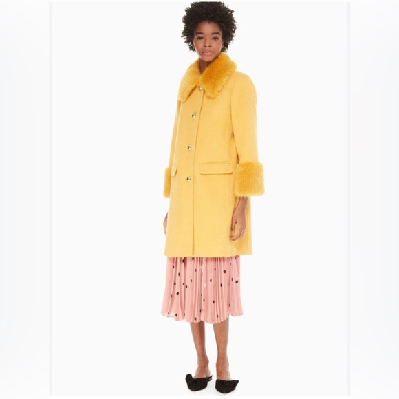 Kate Spade Fluffy Wool Faux Fur Trim Yellow Coat Size 4 / Small - Picture 2 of 9